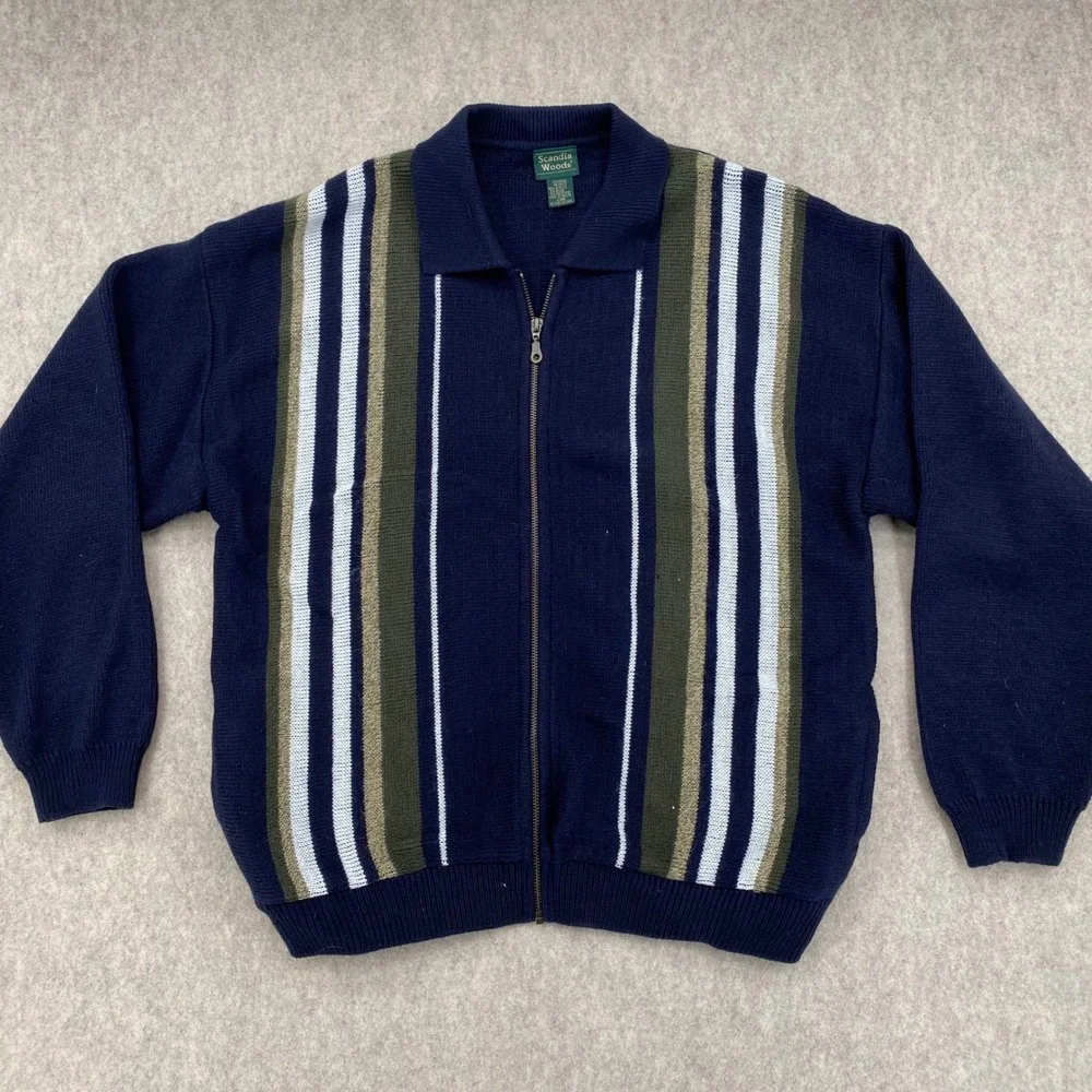Scandia Woods Mens Full Zip Cardigan Sweater Navy Blue Striped Knit Large